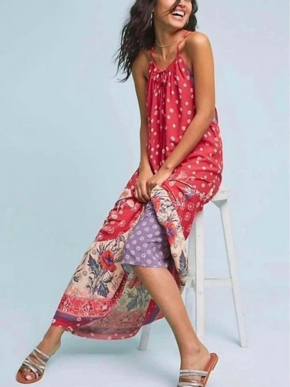 Anthropologie Maeve Coral-Red Floral Halter Maxi Dress. + A GIFT 🎁